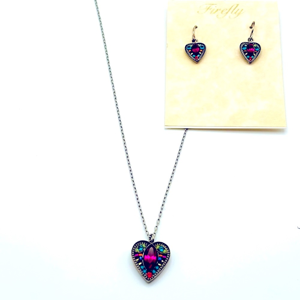 Fire Fly Mosaic Heart Necklace and Earrings